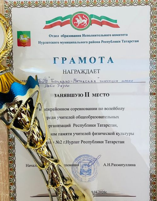 Нәби Дәүли исемендәге Базарлы Матак гимназиясе укытучылары командасы волейбол буенча районара ярышта II урынны яулады